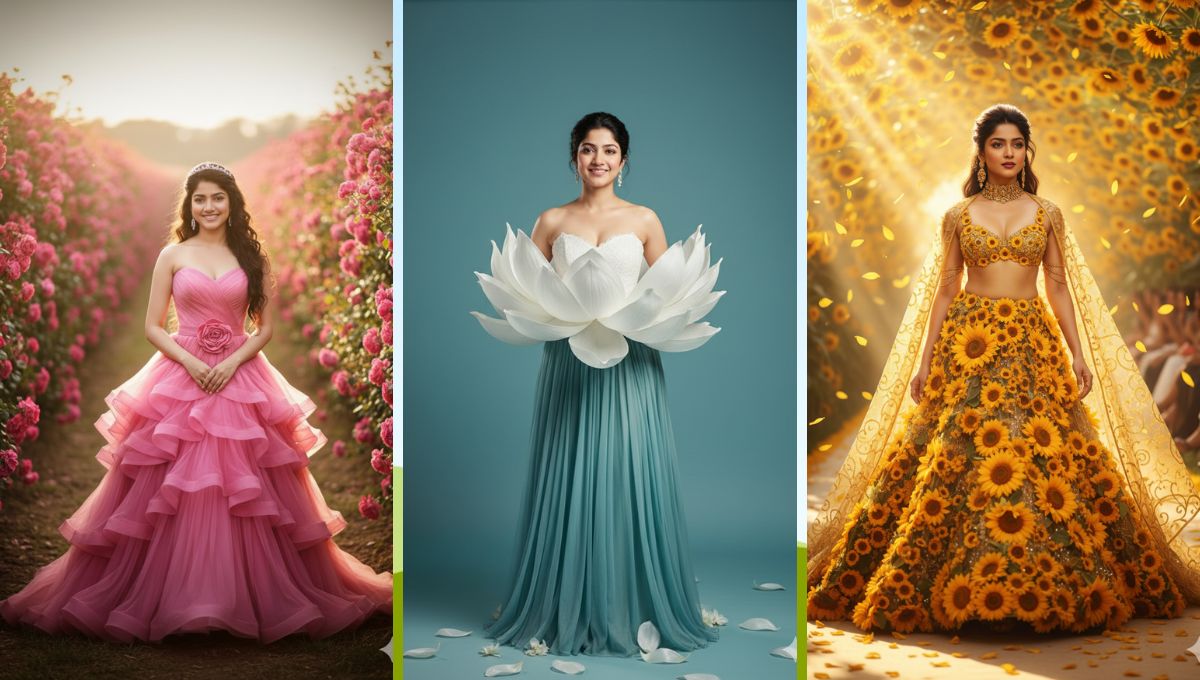Gemini AI Flower Dress Prompts से बना शानदार डिजिटल फ्लोरल ड्रेस पोर्ट्रेट