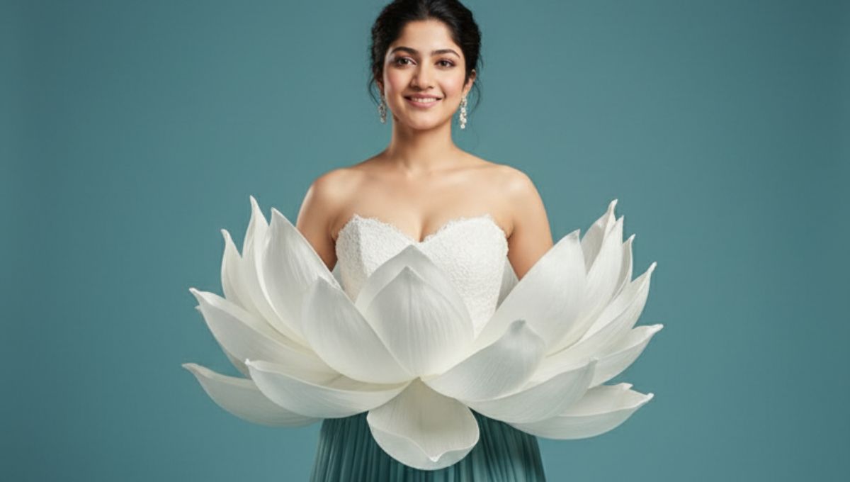 Gemini AI Flower Dress Prompts से बना शानदार डिजिटल फ्लोरल ड्रेस पोर्ट्रेट